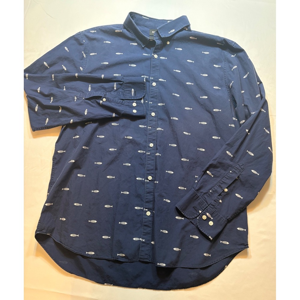 Bonobos Button Down Shirt Mens XXL Long Blue Fish Print Standard Fit Long Sleeve